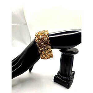 Peach faceted plastic bead & rhinestone floral vintage stretch cuff bracelet